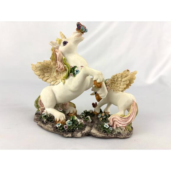 Vintage Hand Painted Unicorn Resin Figurine Whimsical Floral 1980s Mom and Baby - Picture 2 of 14